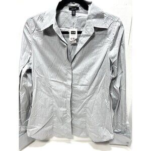 Jacob Womens Medium Grey White Striped Button Up Casual Dress Shirt Top New